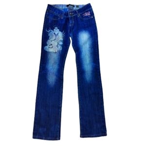 Ed Hardy Blue Straight Leg Jeans with Floral Detail